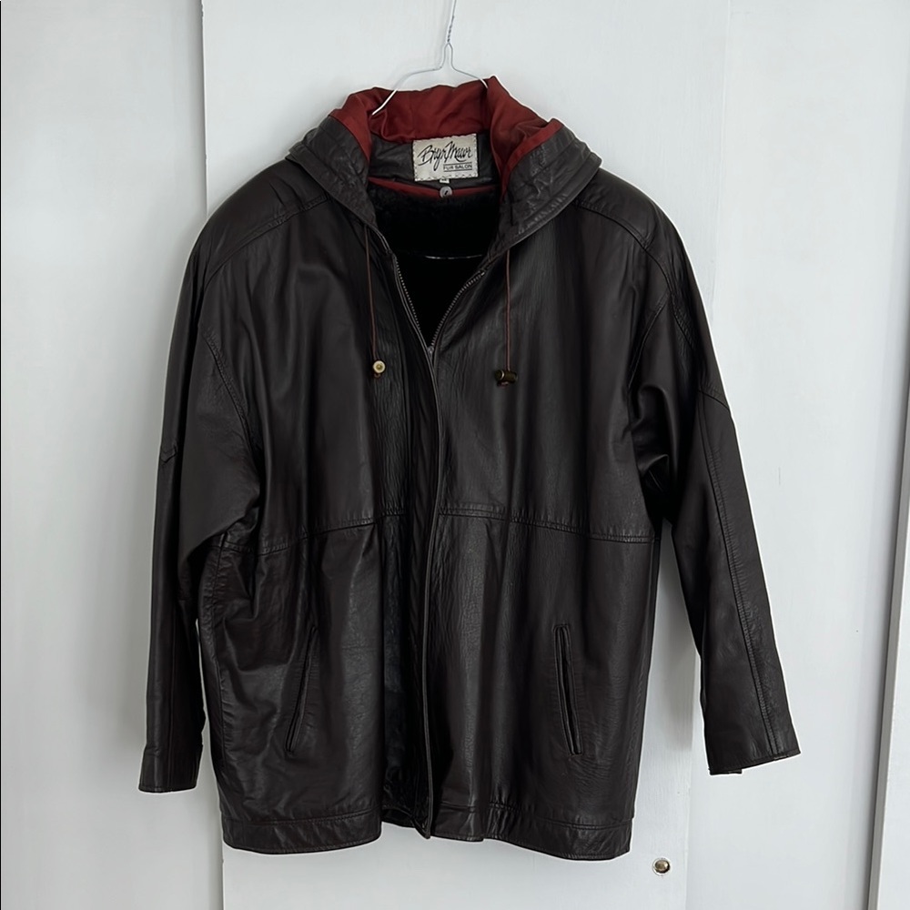 Vintage 1990s chocolate brown leather hooded bomber jacket WARM AND BUTTERY
